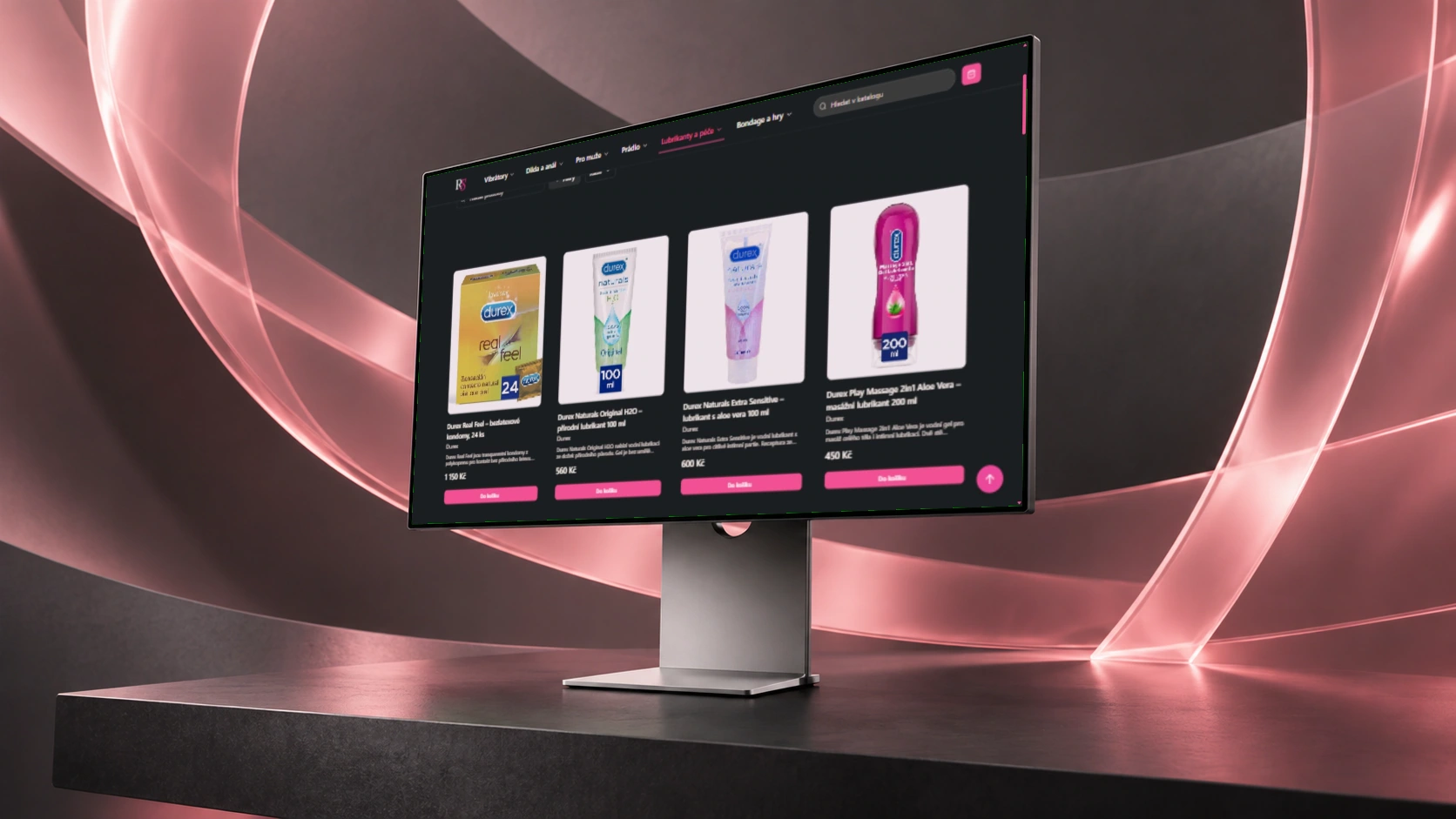 Růžový shop — další část webu na monitoru