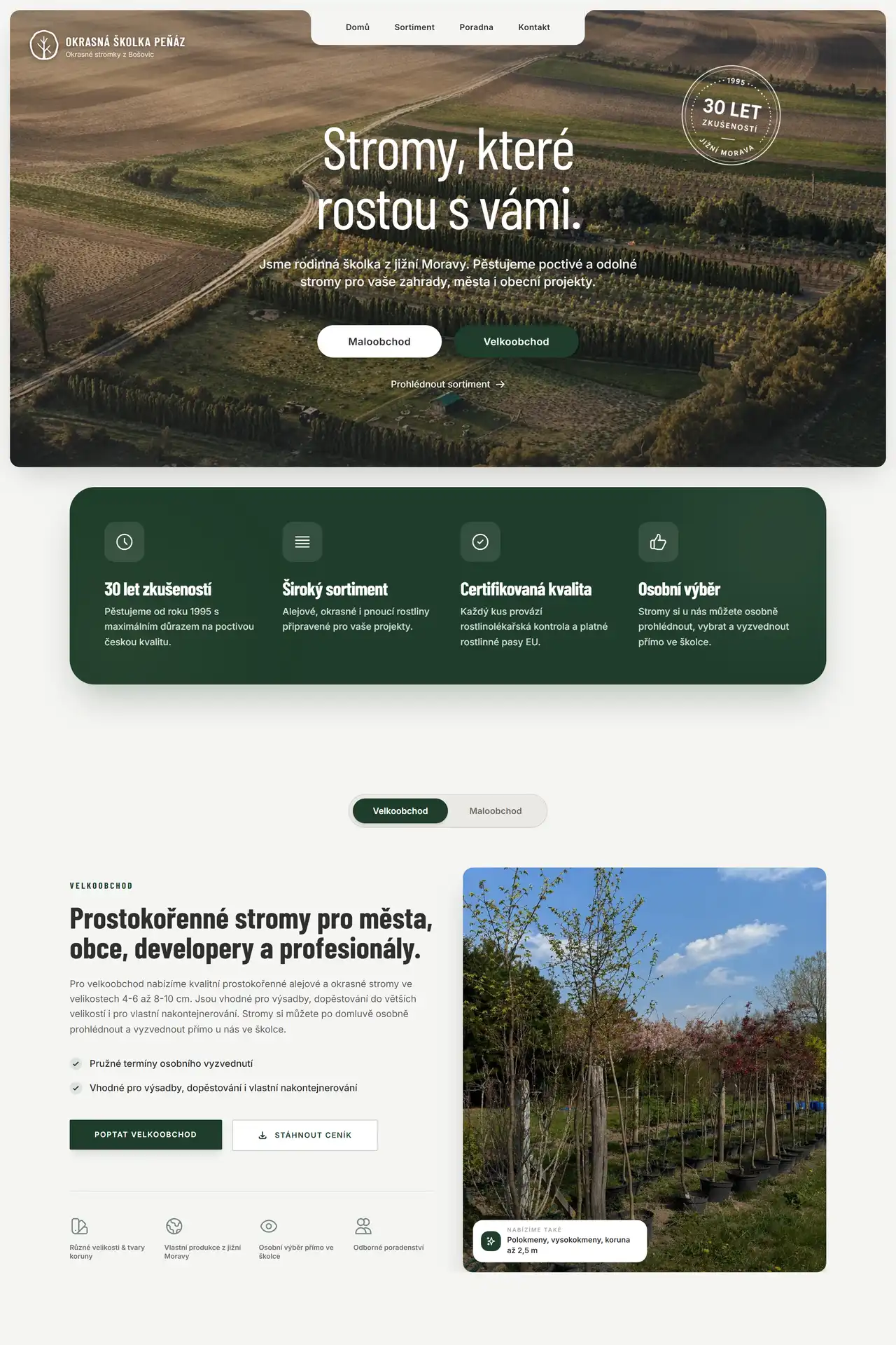Okrasná školka Peňáz: náhled webu na monitoru